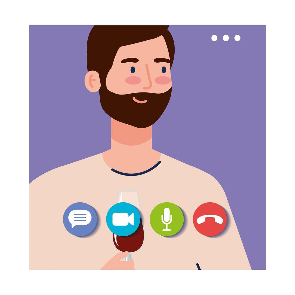 online party, man have online party in quarantine, party web camera online holiday vector