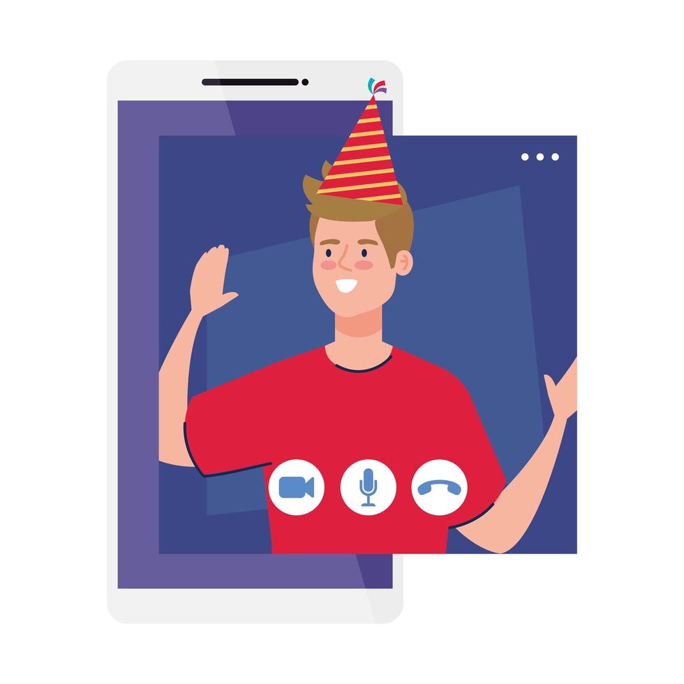 Hombre con gorro de fiesta en diseño vectorial de smartphone vector