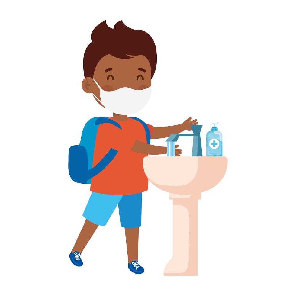 prevent covid 19, wearing medical mask, wash your hands, boy afro wearing protective mask vector