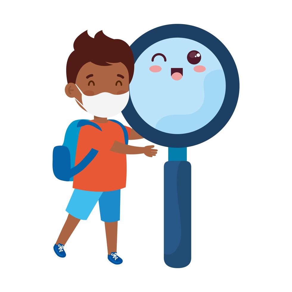 cute boy afro wearing medical mask to prevent coronavirus covid 19 with cute magnifying glass vector