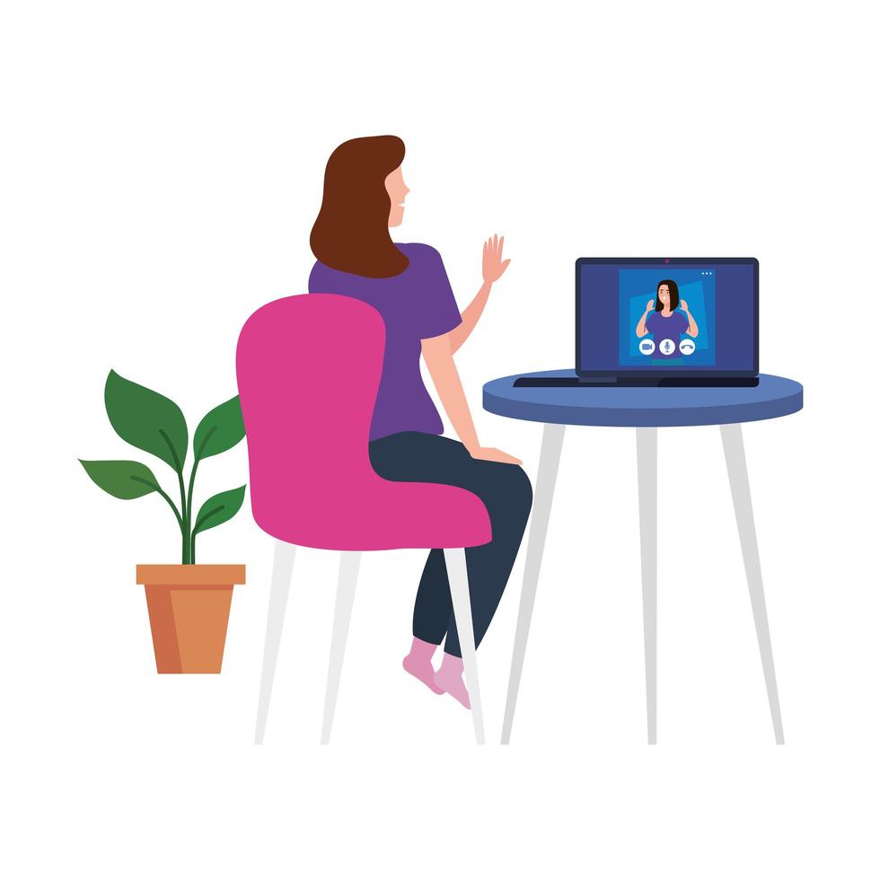 Woman at chair and girl on laptop in video chat vector design