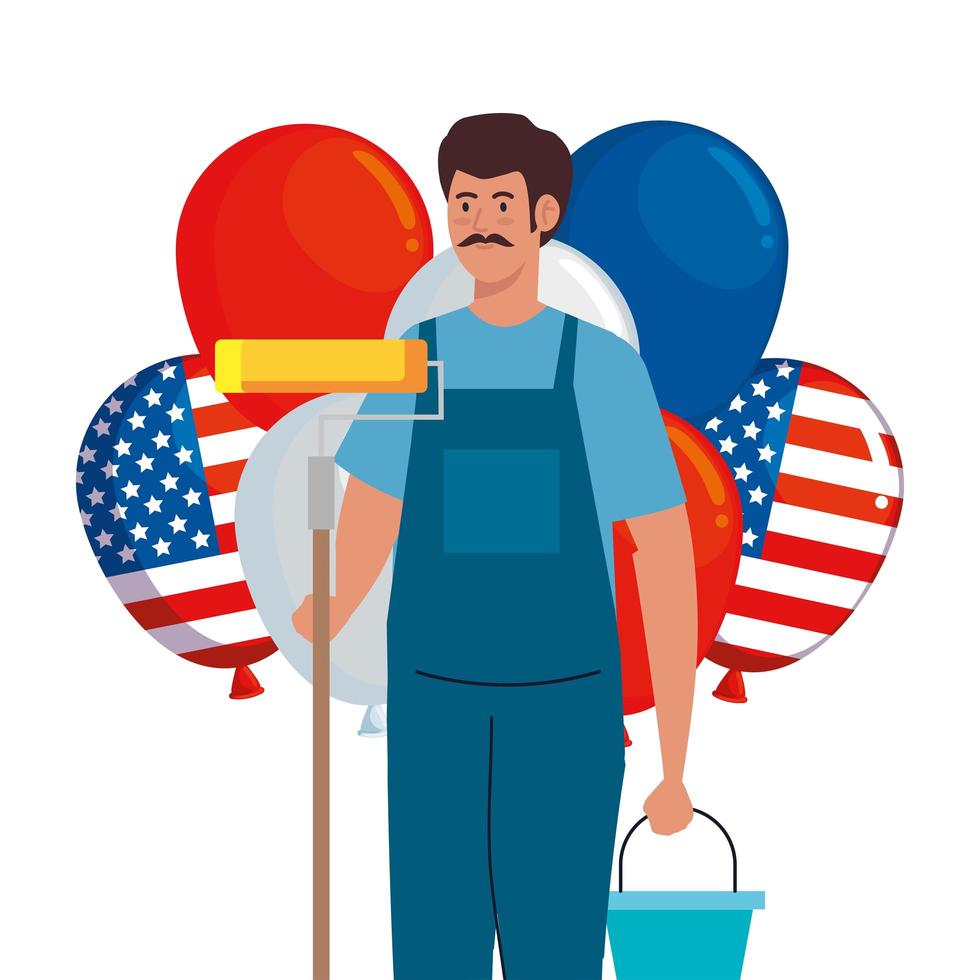 painter man with roll bucket and usa balloons vector design