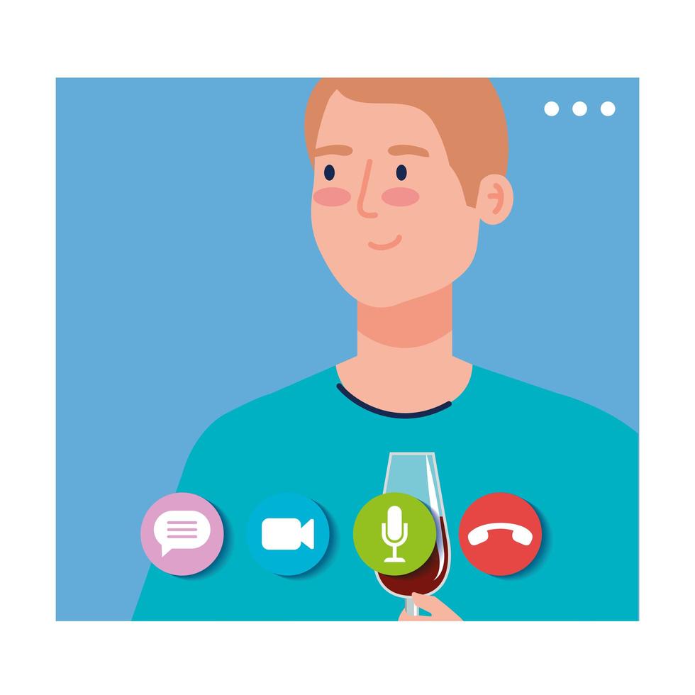 online party, man have online party in quarantine, party web camera online holiday vector