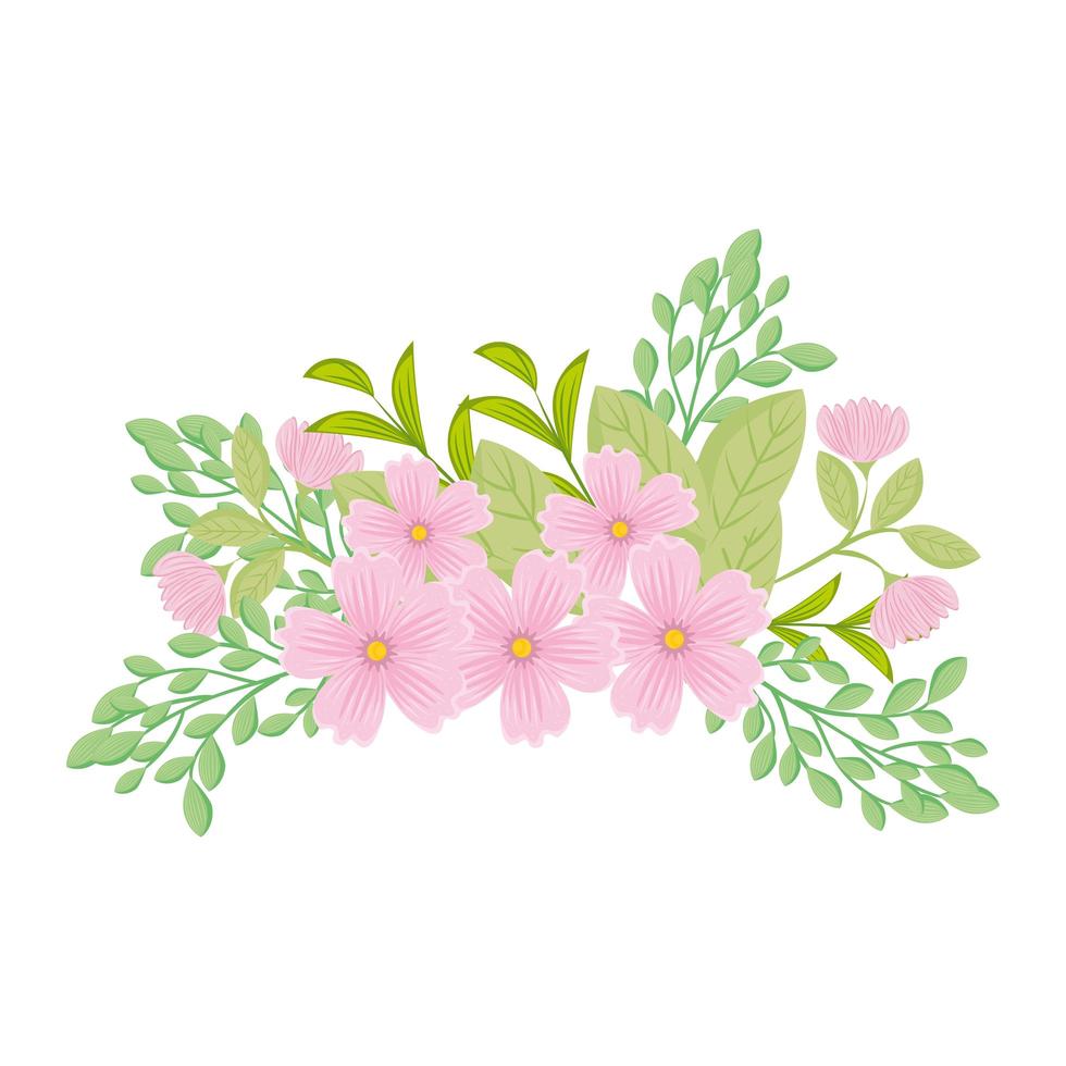 pink flowers with leaves vector design