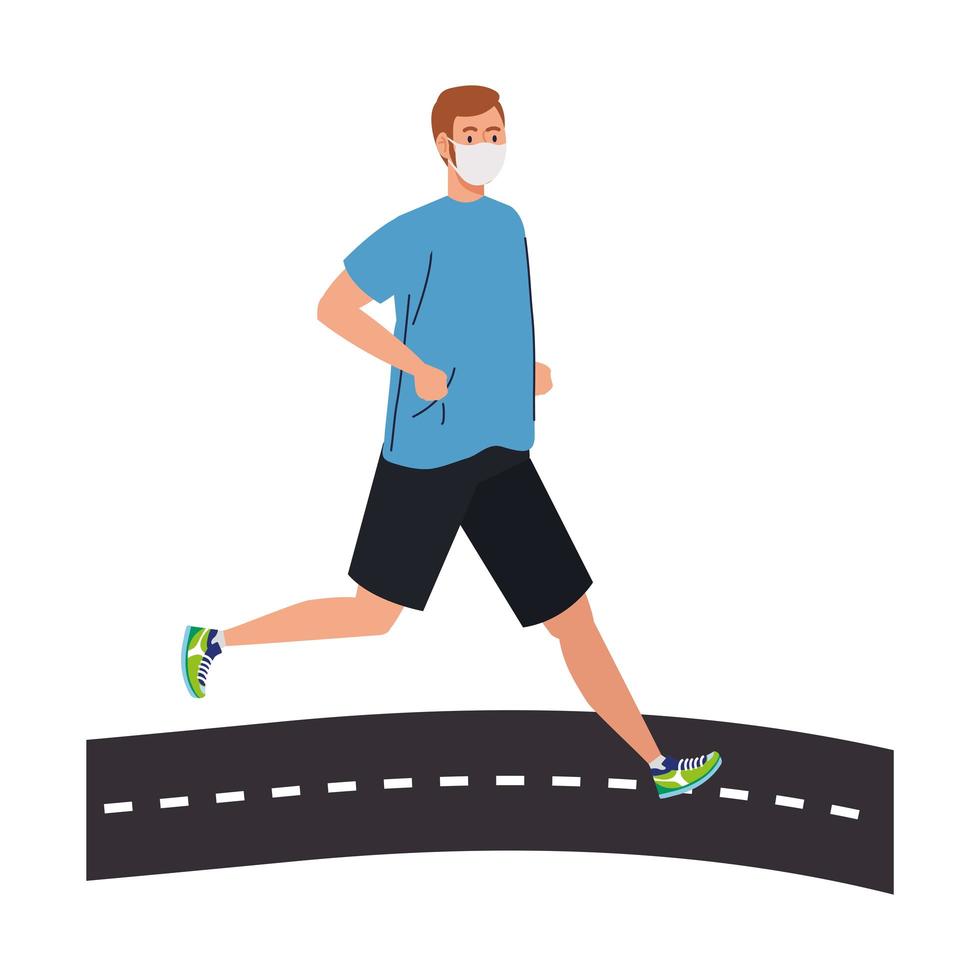 Hombre con máscara y ropa deportiva corriendo en la calle diseño vectorial vector