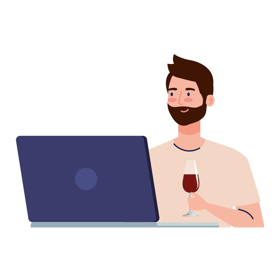 fiesta en línea, hombre con computadora portátil, fiesta en línea en cuarentena, cámara web de fiesta, vacaciones en línea vector