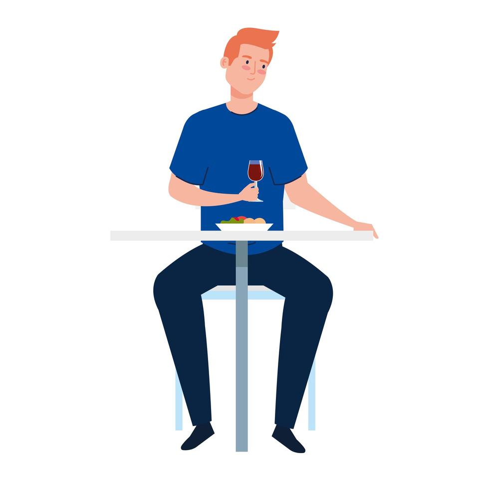 man sitting in chair, with food in table, on white background vector