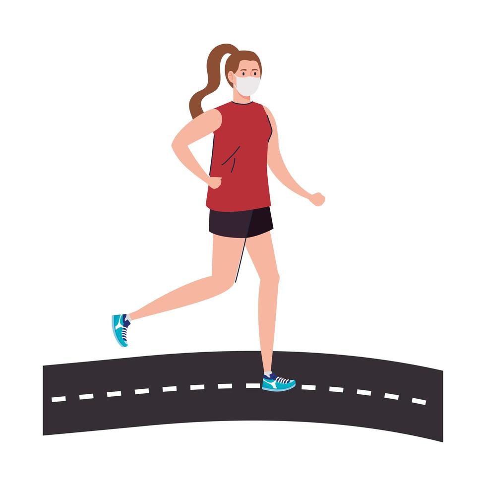 Mujer con máscara y ropa deportiva corriendo en la calle diseño vectorial vector