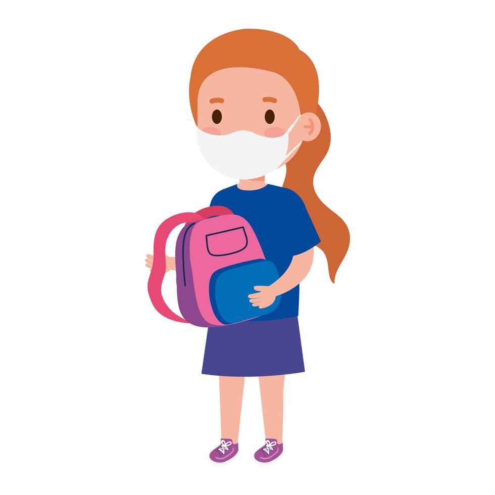 cute girl student wearing medical mask to prevent coronavirus covid 19 with school bag vector