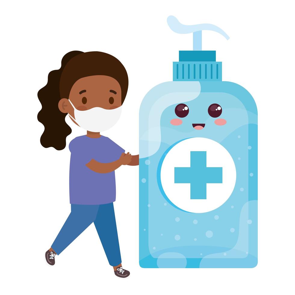 cute girl afro wearing medical mask to prevent coronavirus covid 19 with cute bottle disinfection and sanitizer bottle vector