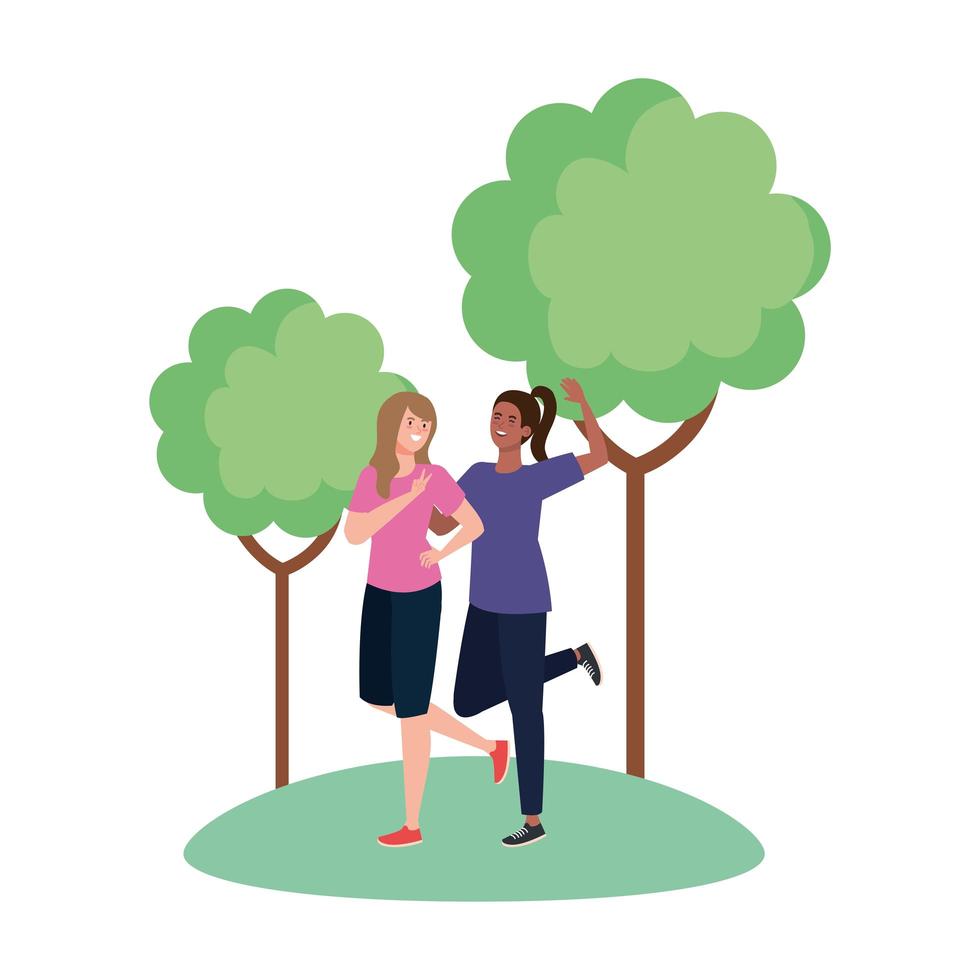 women avatars at park with trees vector design