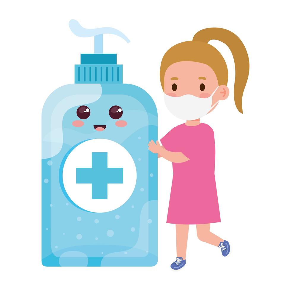 cute girl wearing medical mask to prevent coronavirus covid 19 with cute bottle disinfection and sanitizer bottle vector