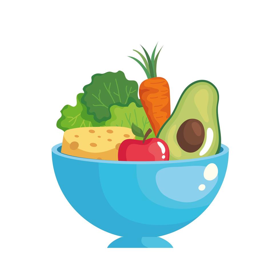 cheese lettuce carrot avocado and apple inside bowl vector design