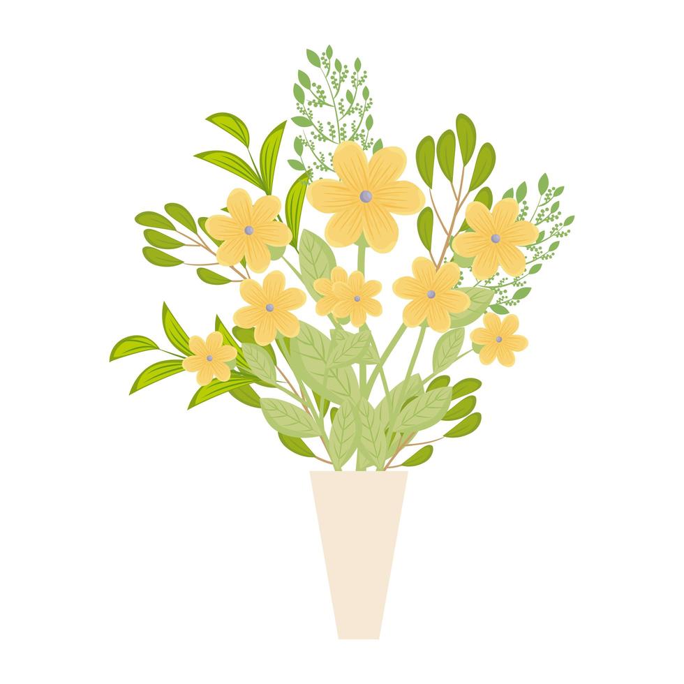 yellow flowers with leaves inside vase vector design