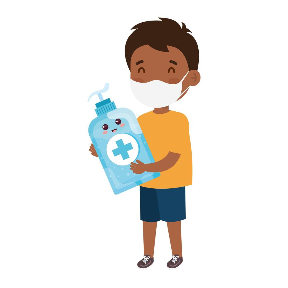 cute boy afro wearing medical mask to prevent coronavirus covid 19 with cute bottle disinfection and sanitizer bottle vector