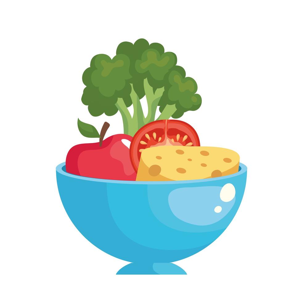 queso, brócoli, tomate y manzana, dentro, tazón, vector, diseño vector