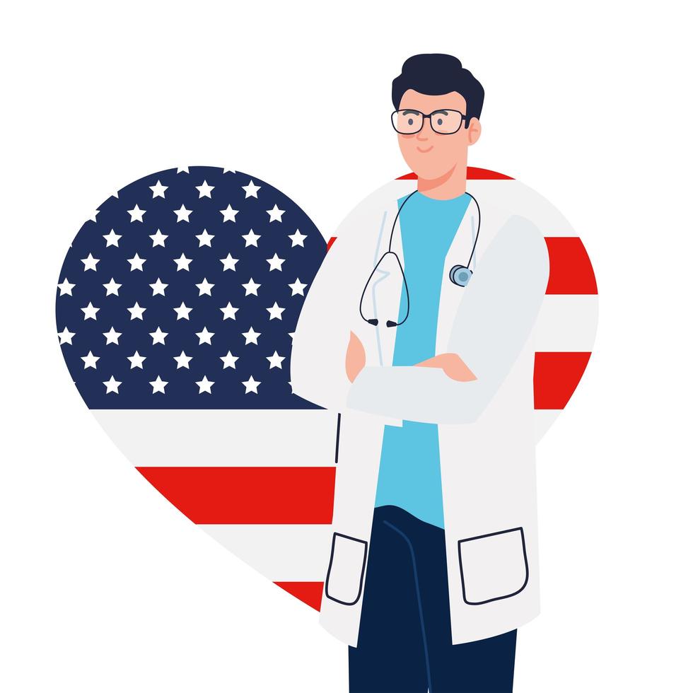 Doctor hombre con estetoscopio y diseño de vector de corazón de bandera de Estados Unidos