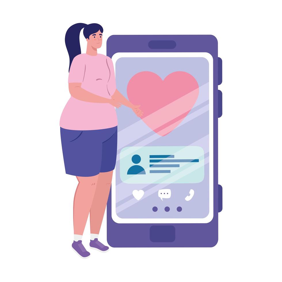 Woman and smartphone with heart and chatting bubble vector design