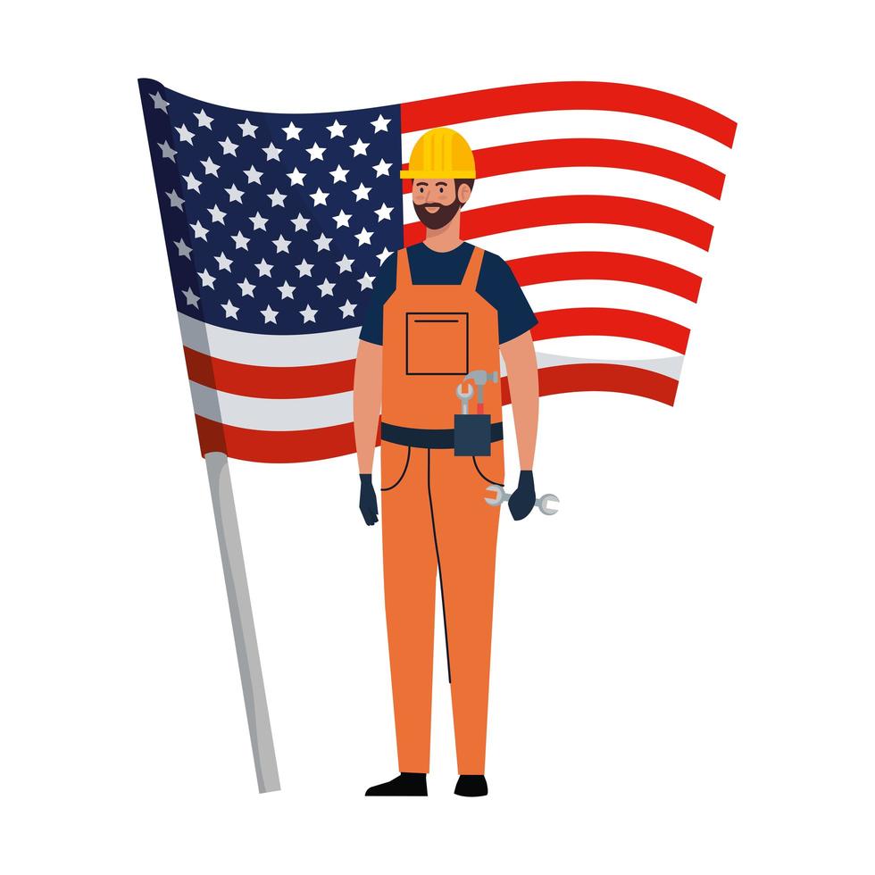 Hombre constructor con casco y diseño de vector de bandera de Estados Unidos