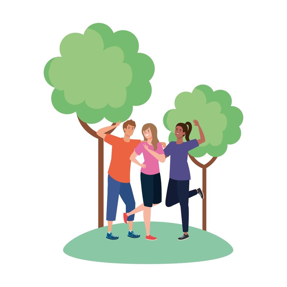 Women and man avatars at park with trees vector design