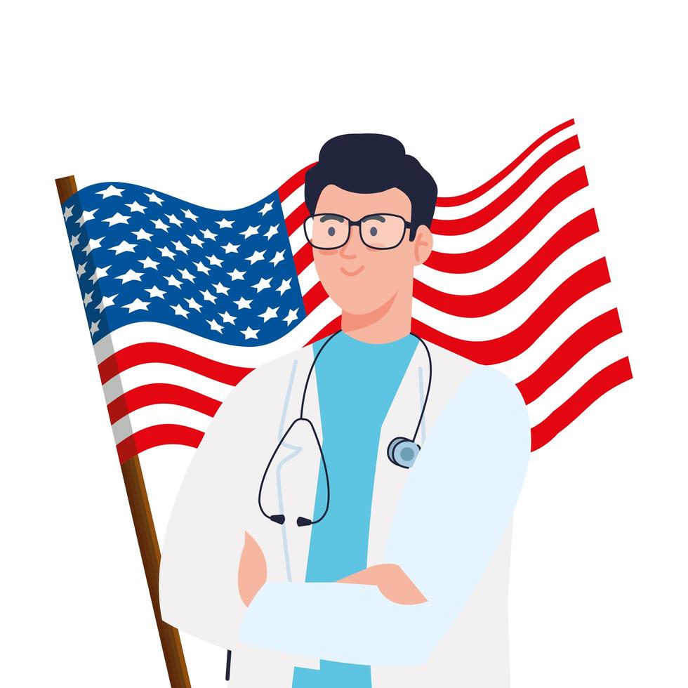 Doctor hombre con estetoscopio y diseño de vector de bandera de Estados Unidos