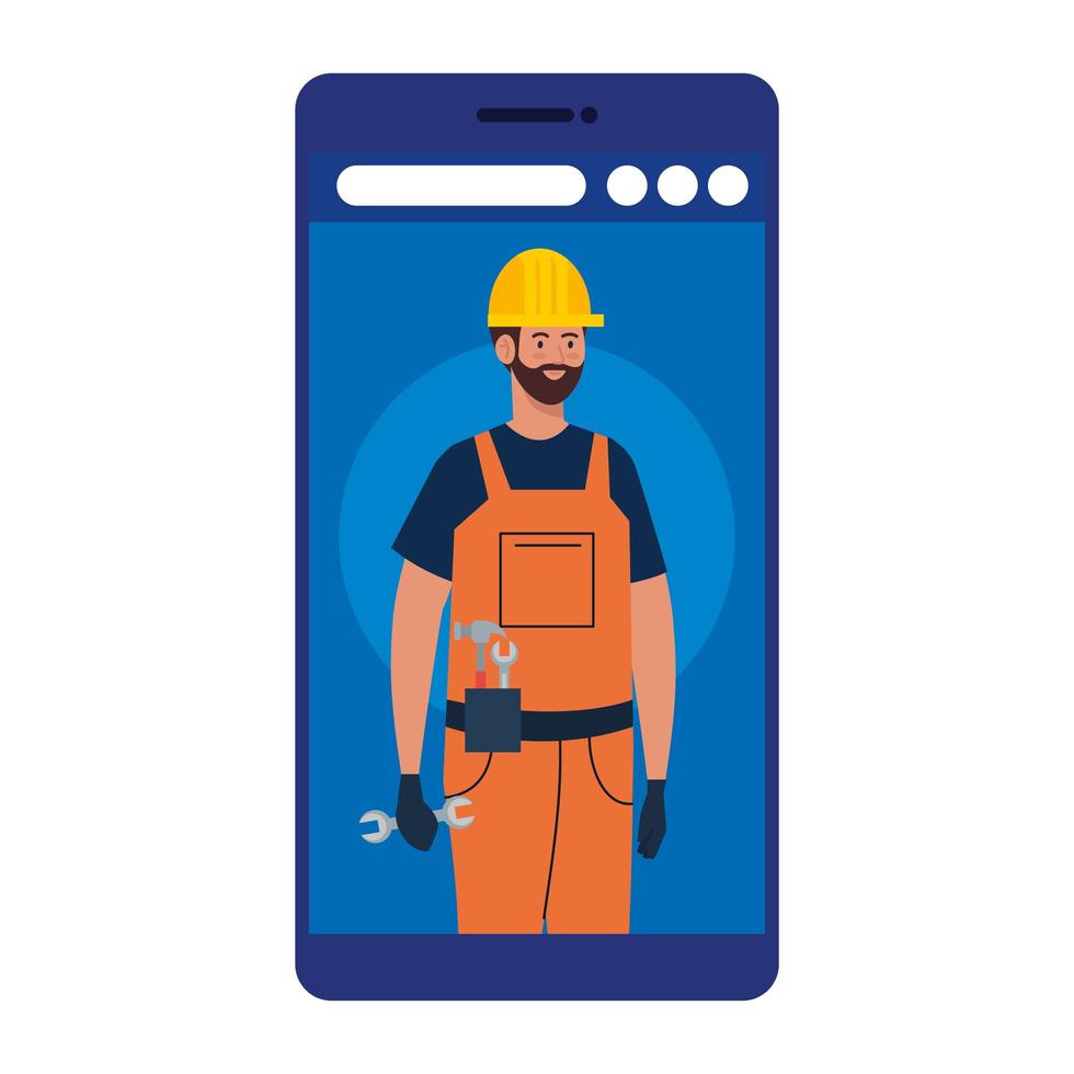 Hombre constructor con casco en diseño vectorial de smartphone vector