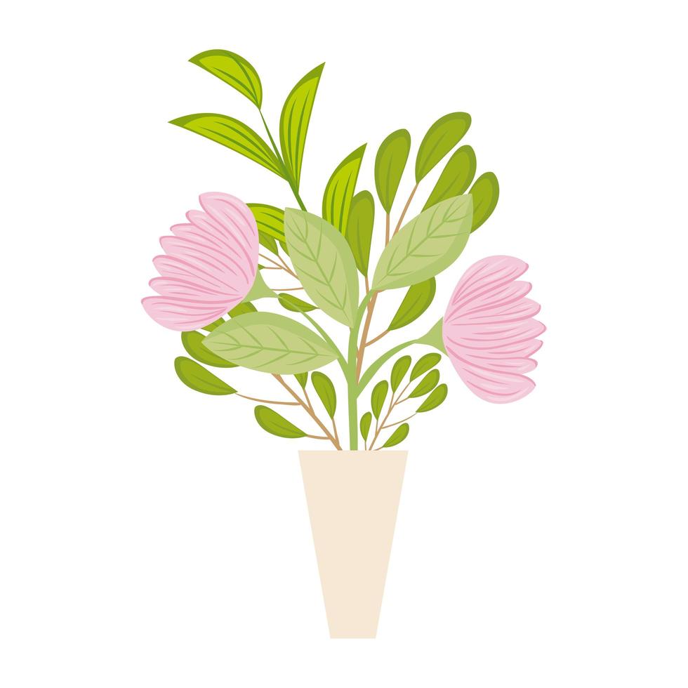 pink flowers with leaves inside vase vector design