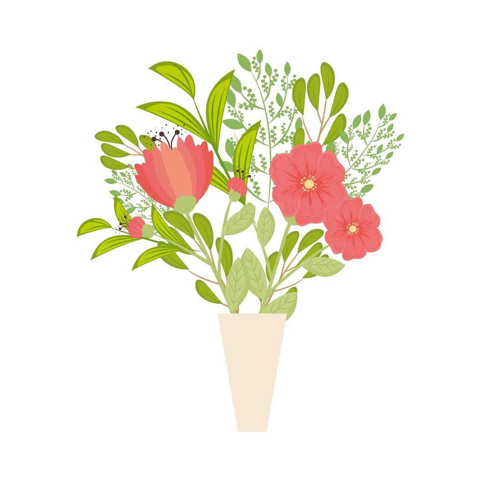 red flowers with leaves inside vase vector design