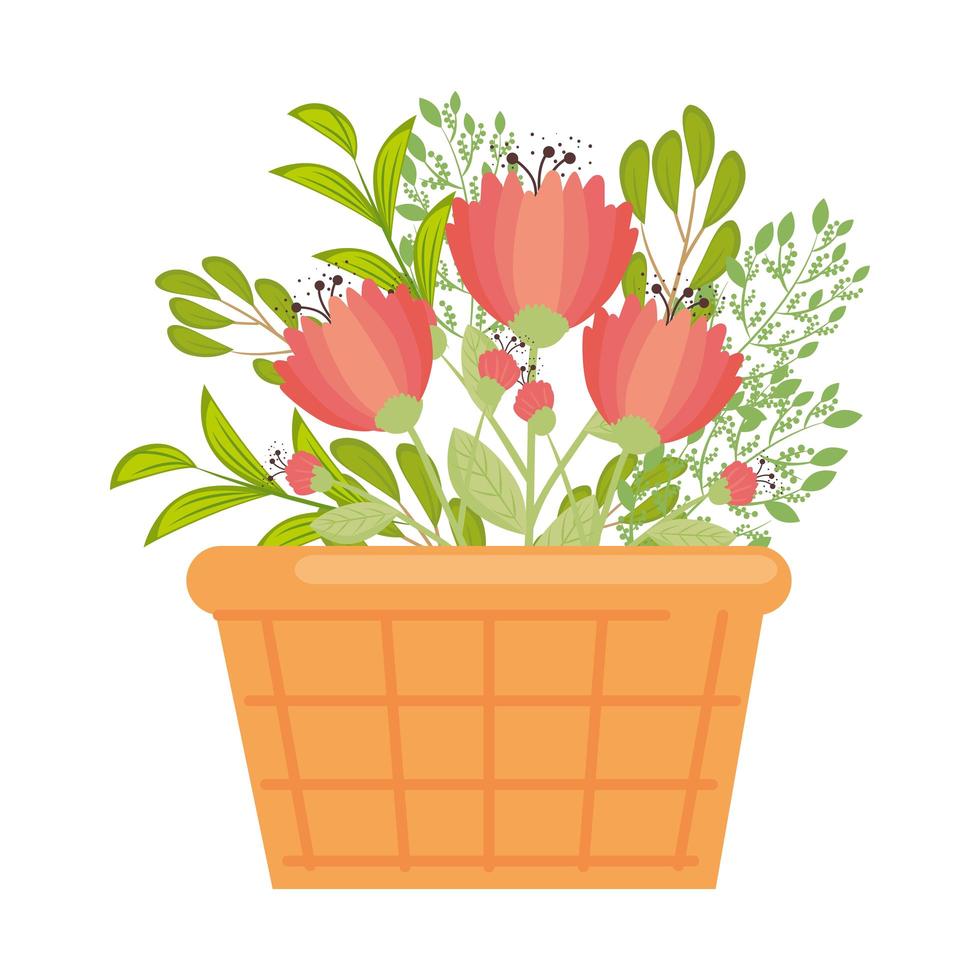 red flowers with leaves inside basket vector design