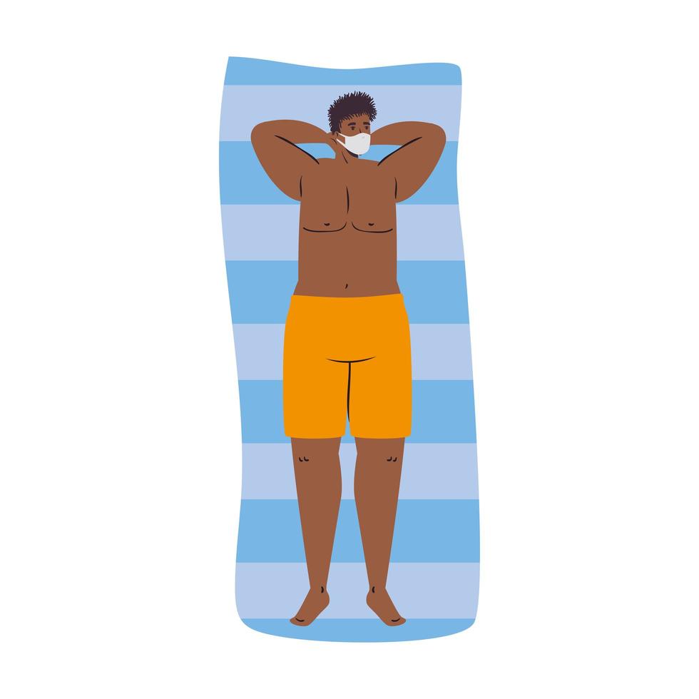 Man cartoon with swimsuit and medical mask on towel vector design