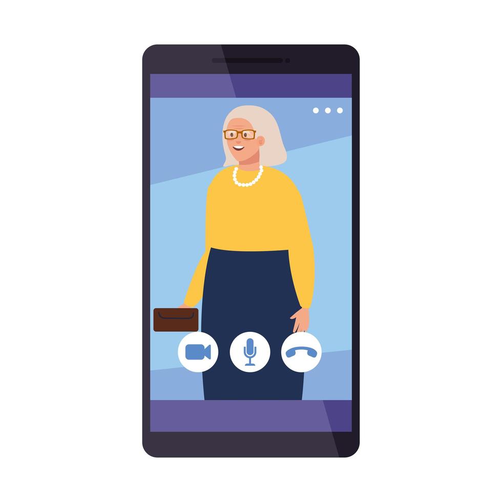 abuela en el teléfono inteligente en el diseño de vectores de chat de video
