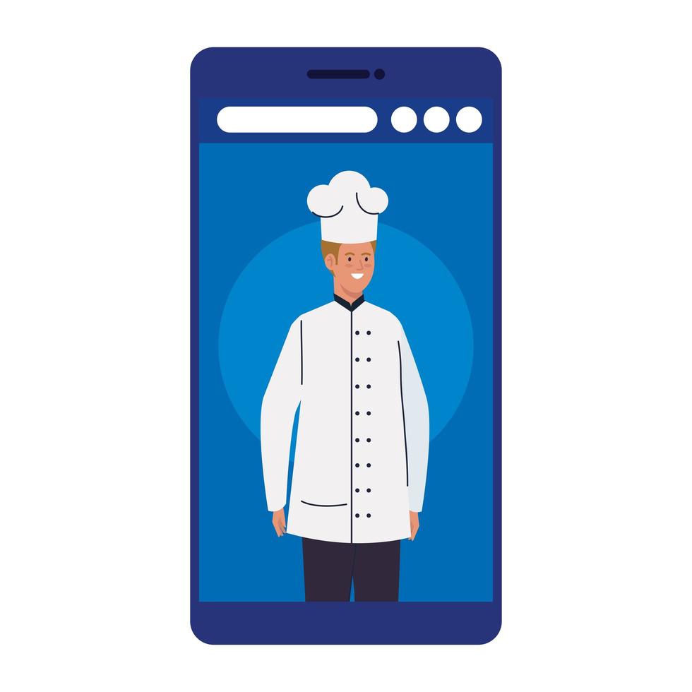 Chef hombre trabajador en diseño vectorial de smartphone vector