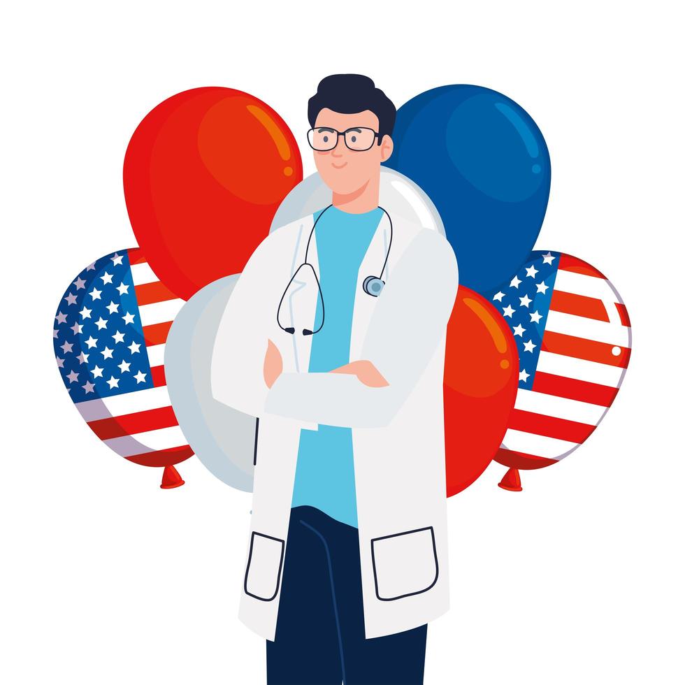 doctor, hombre, con, estetoscopio, y, estados unidos, globos, vector, diseño vector