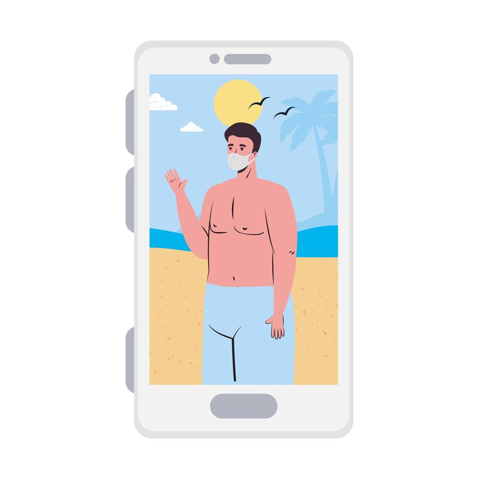 Hombre con traje de baño y máscara en la playa en smartphone en diseño vectorial de video chat vector