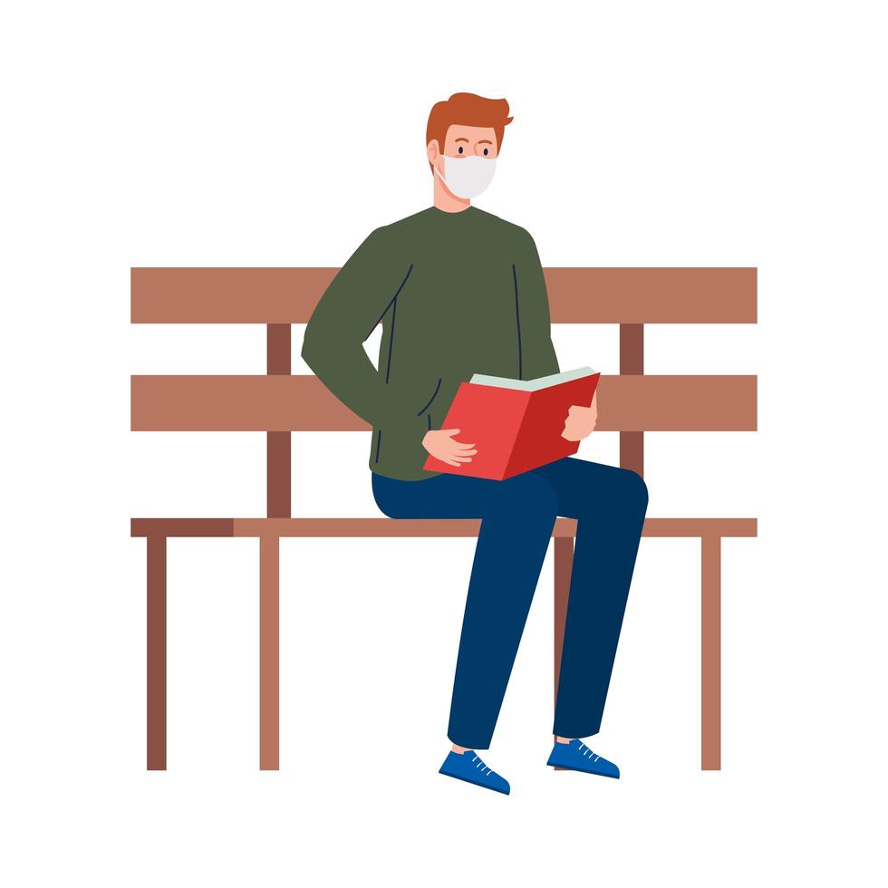 man wearing medical mask reading book, sitting in park chair on white background vector