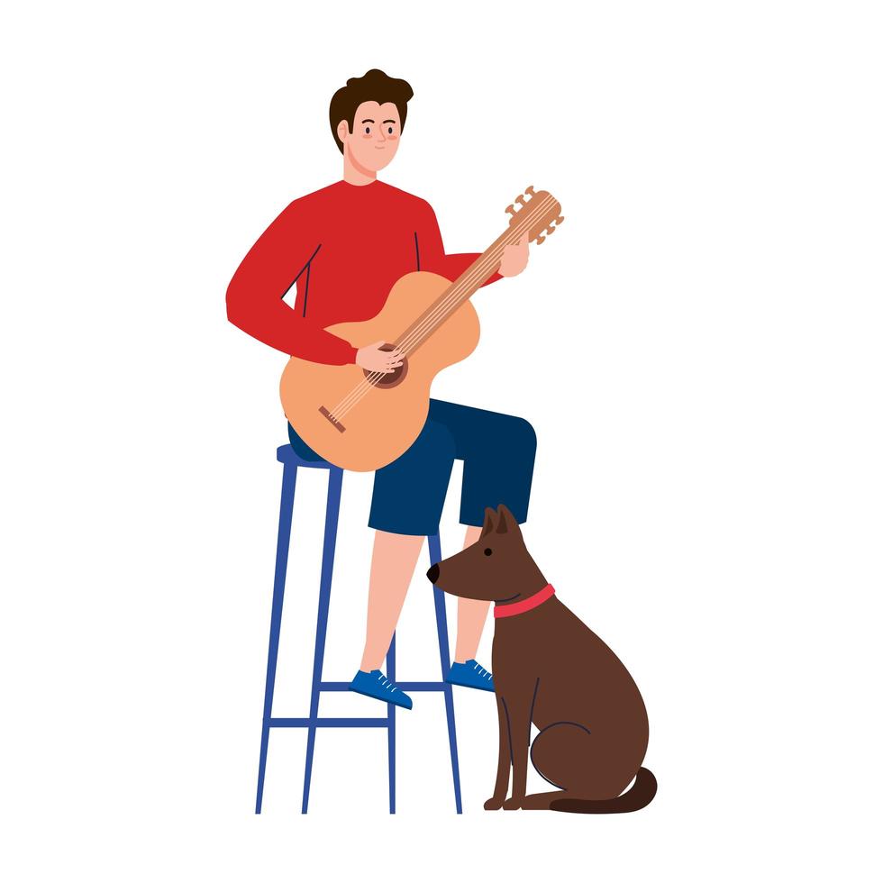 Joven tocando la guitarra sentado en una silla con perro mascota sobre fondo blanco. vector