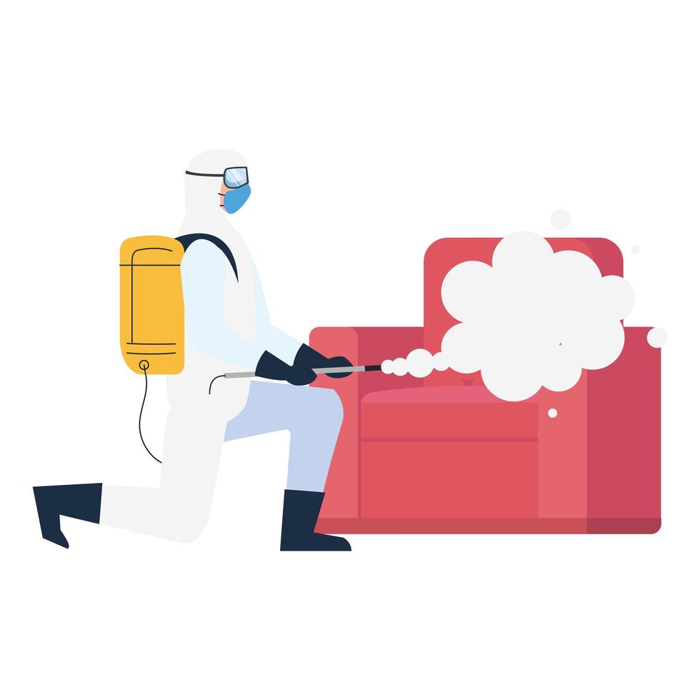 person in protective suit or clothing, spray to cleaning and disinfect virus in couch, covid 19 disease on white background vector