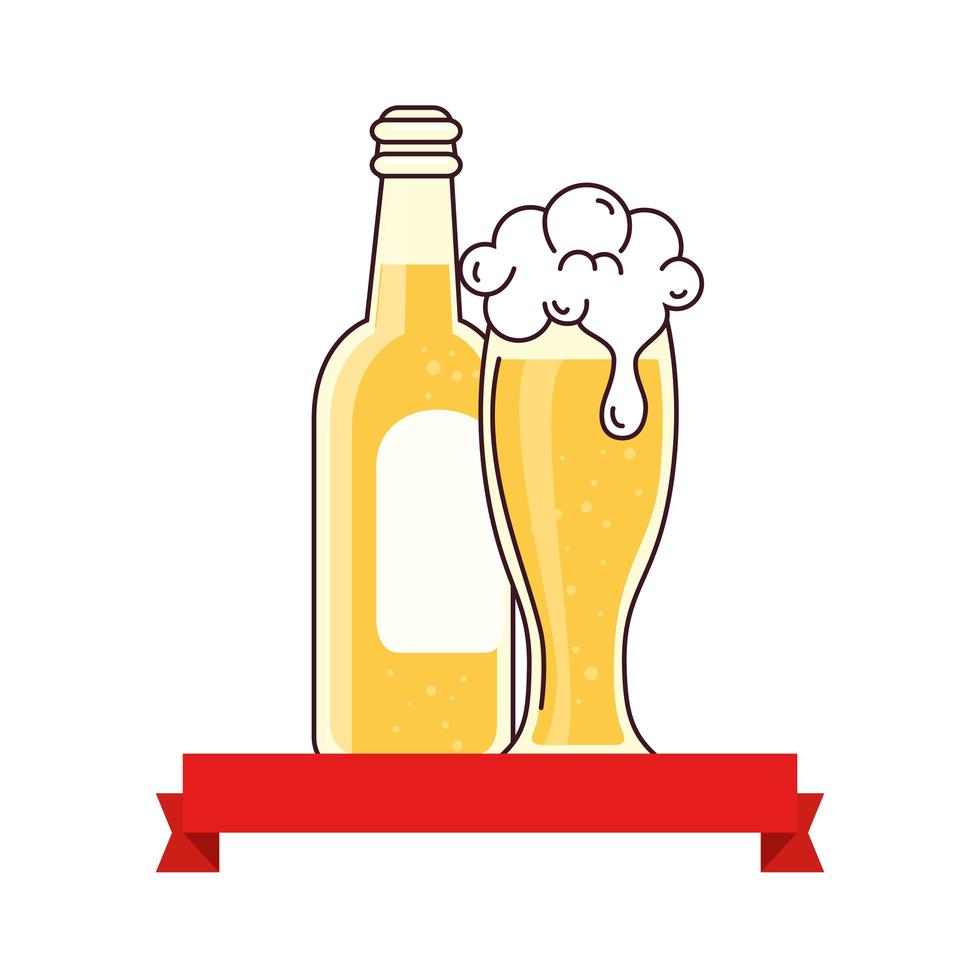 glass with bottle of beer and ribbon decoration on white background vector