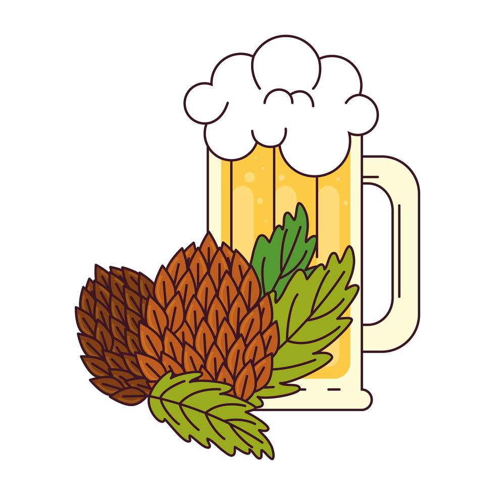 Jarra de cerveza con semillas de lúpulo sobre fondo blanco. vector