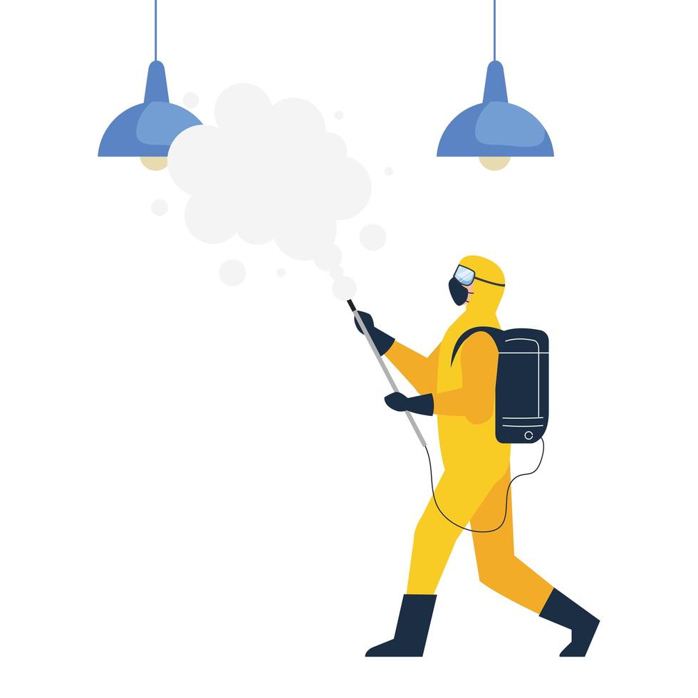 person in protective suit or clothing, spray to cleaning and disinfect virus in lamps hanging, covid 19 disease on white background vector