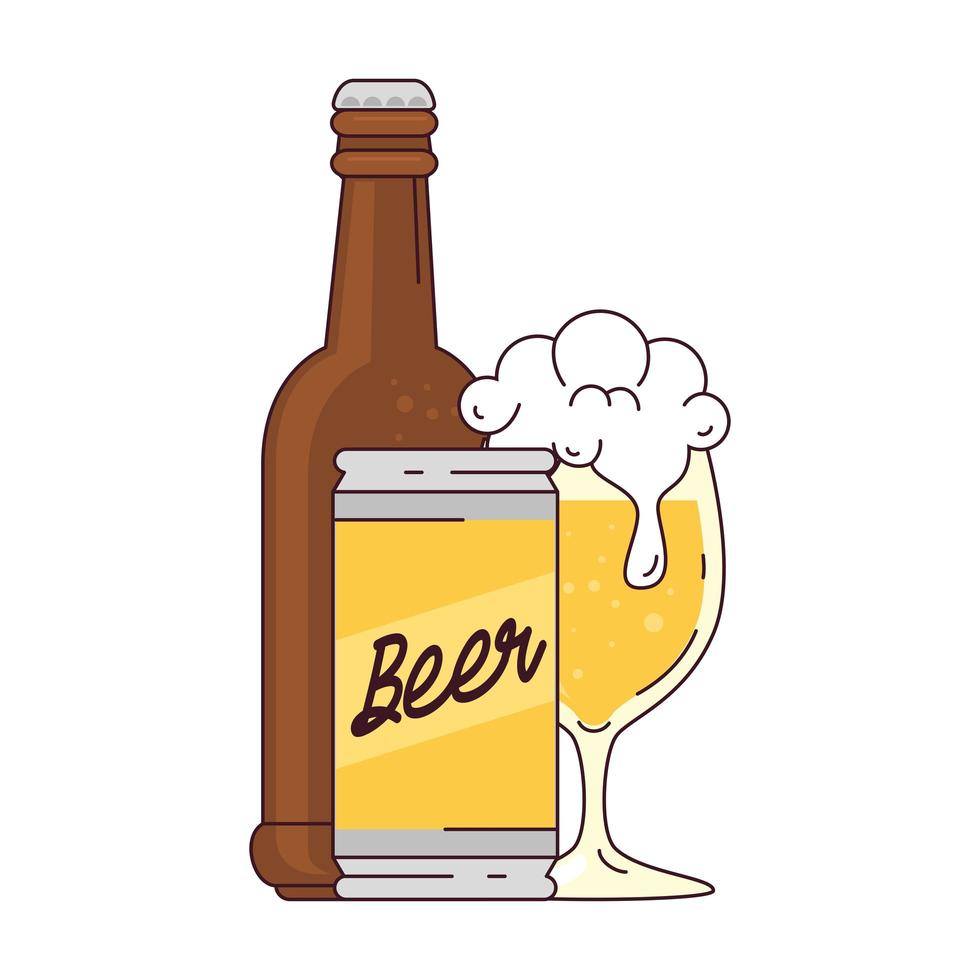 bottle with can and cup glass of beer on white background vector