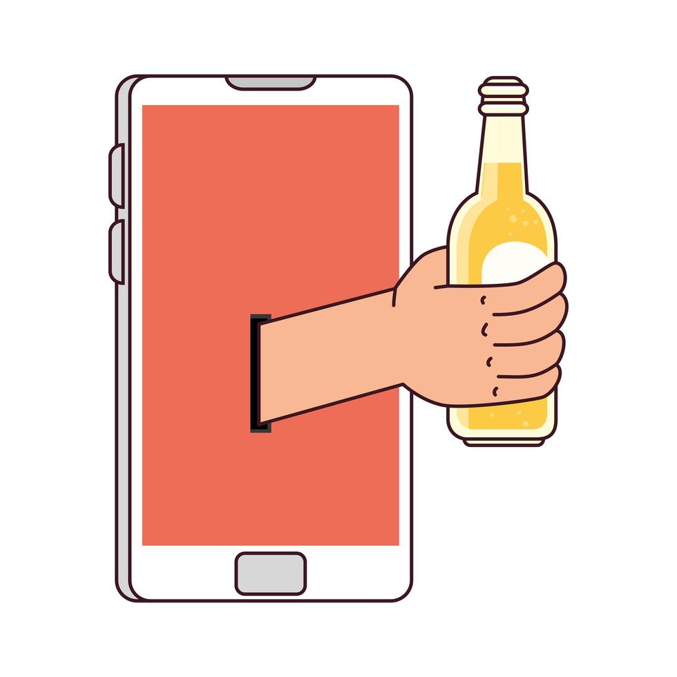 comunicación distante, mano sosteniendo una botella de cerveza a través de la pantalla del teléfono inteligente vector