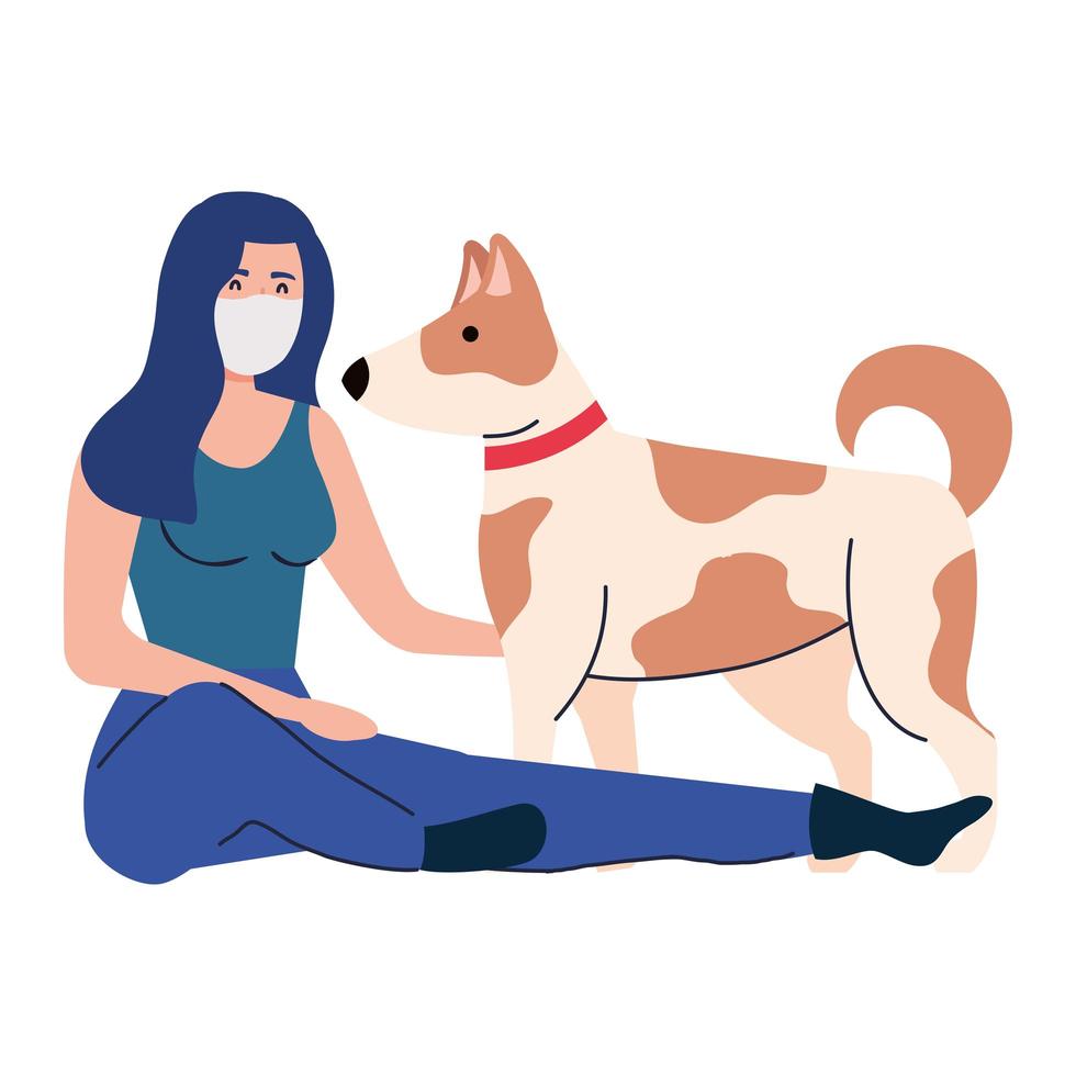 Mujer vistiendo máscara médica, con perro mascota sobre fondo blanco. vector