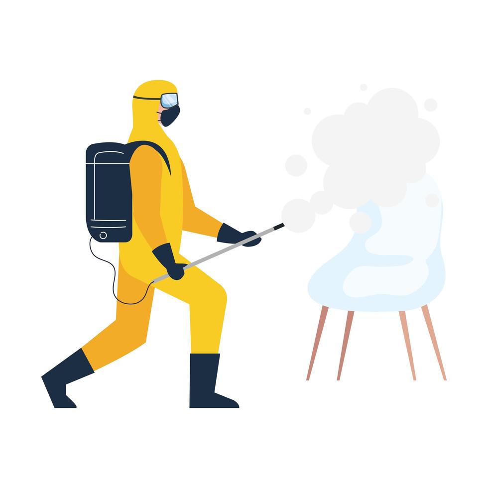 person in protective suit or clothing, spray to cleaning and disinfect virus in chair, covid 19 disease on white background vector