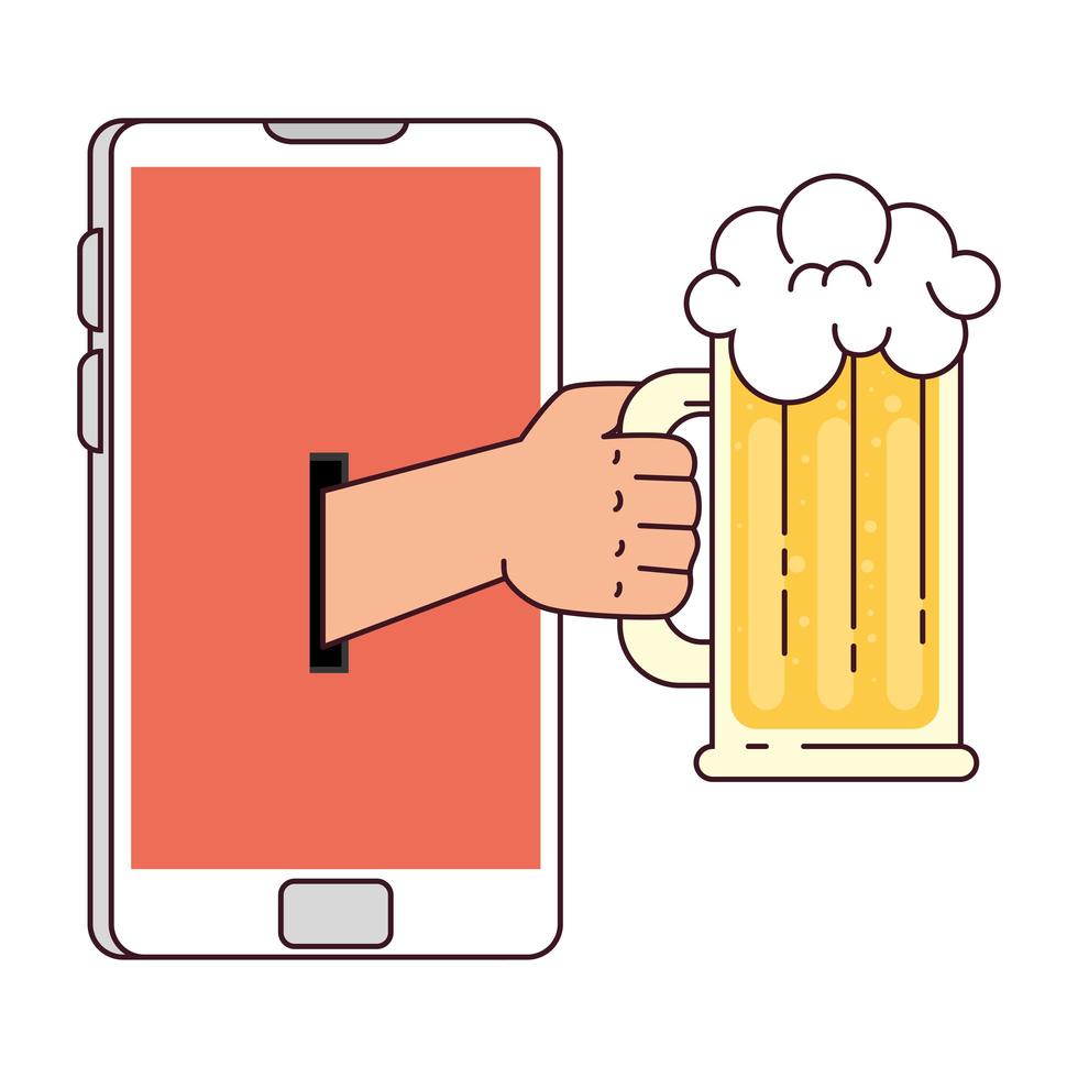 distant communication, hand holding mug glass of beer through smartphone screen vector
