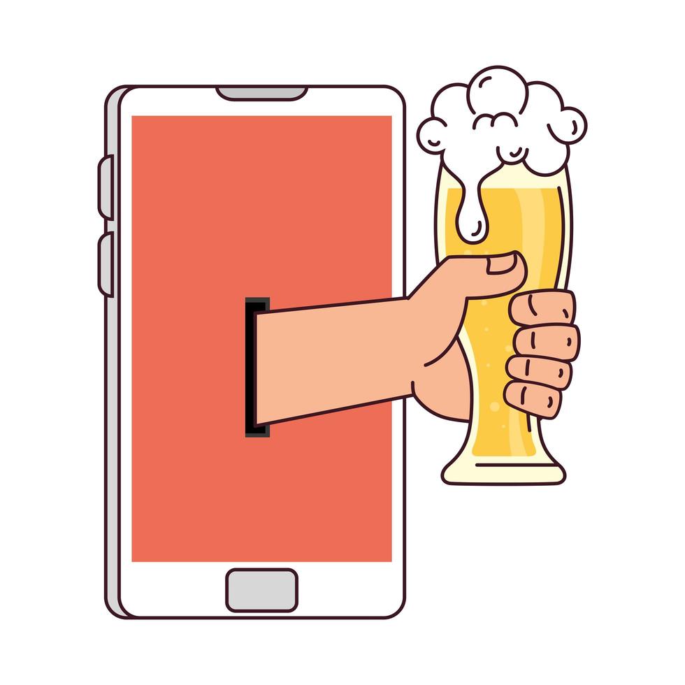 distant communication, hand holding glass of beer through smartphone screen vector