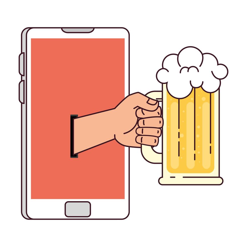 distant communication, hand holding mug glass of beer through smartphone screen vector