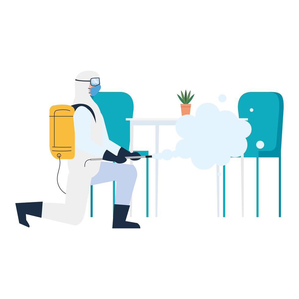 person in protective suit or clothing, spray to cleaning and disinfect virus in table and chairs, covid 19 disease on white background vector