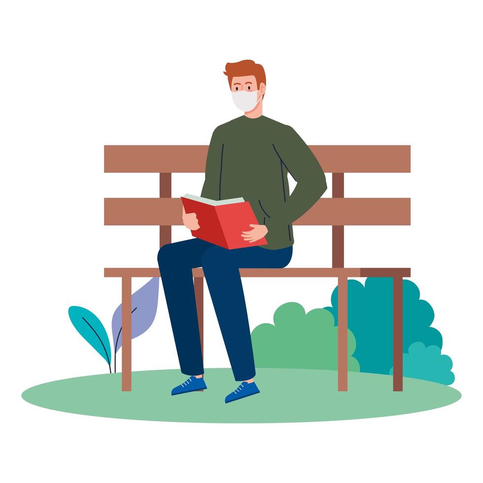man wearing medical mask reading book, sitting in park chair on white background vector