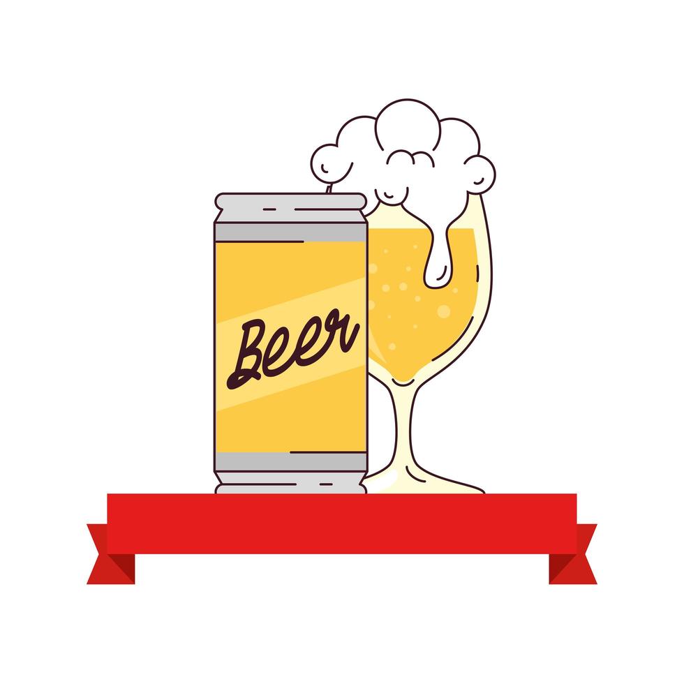 Copa de vidrio y lata de cerveza con decoración de cinta sobre fondo blanco. vector